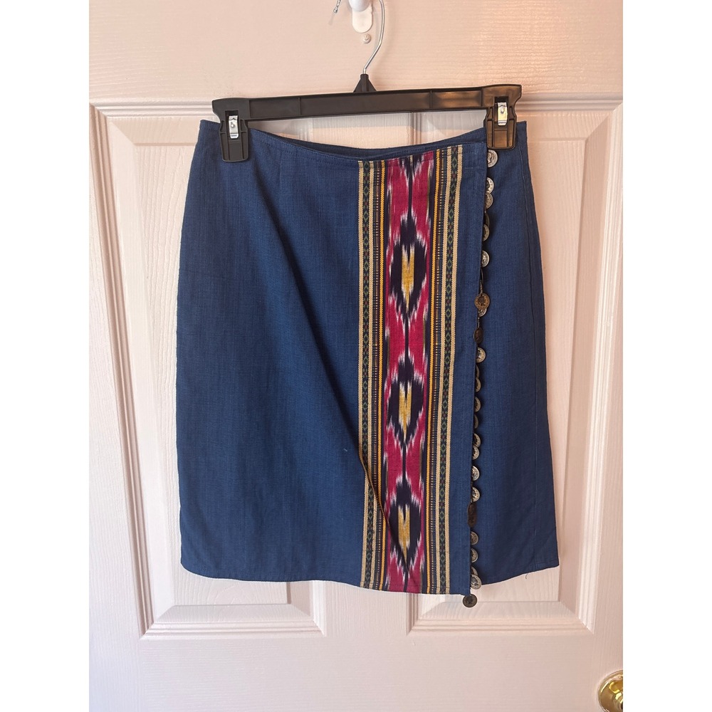 Lizwear Wrap Skirt Womens 4 Blue Ikat Coin Trim Boho Ethnic Festival